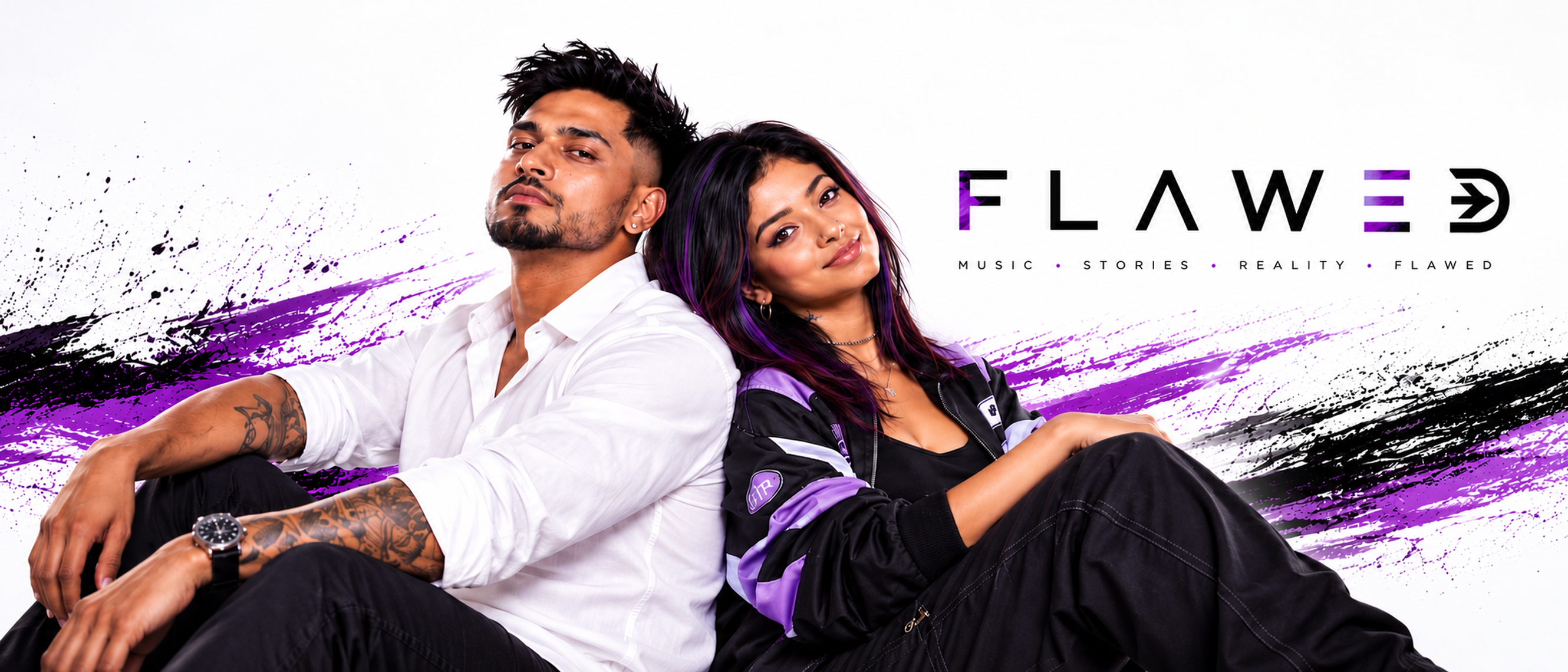 FLAWED's male and female music personas against expressive violet and black artwork